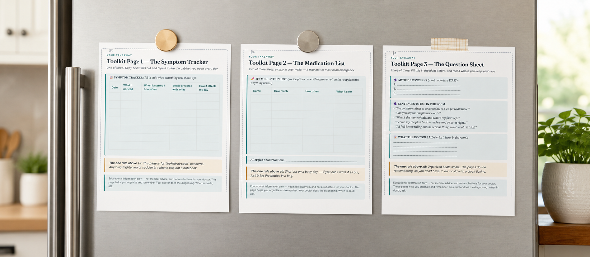 The printable toolkit cards on a refrigerator